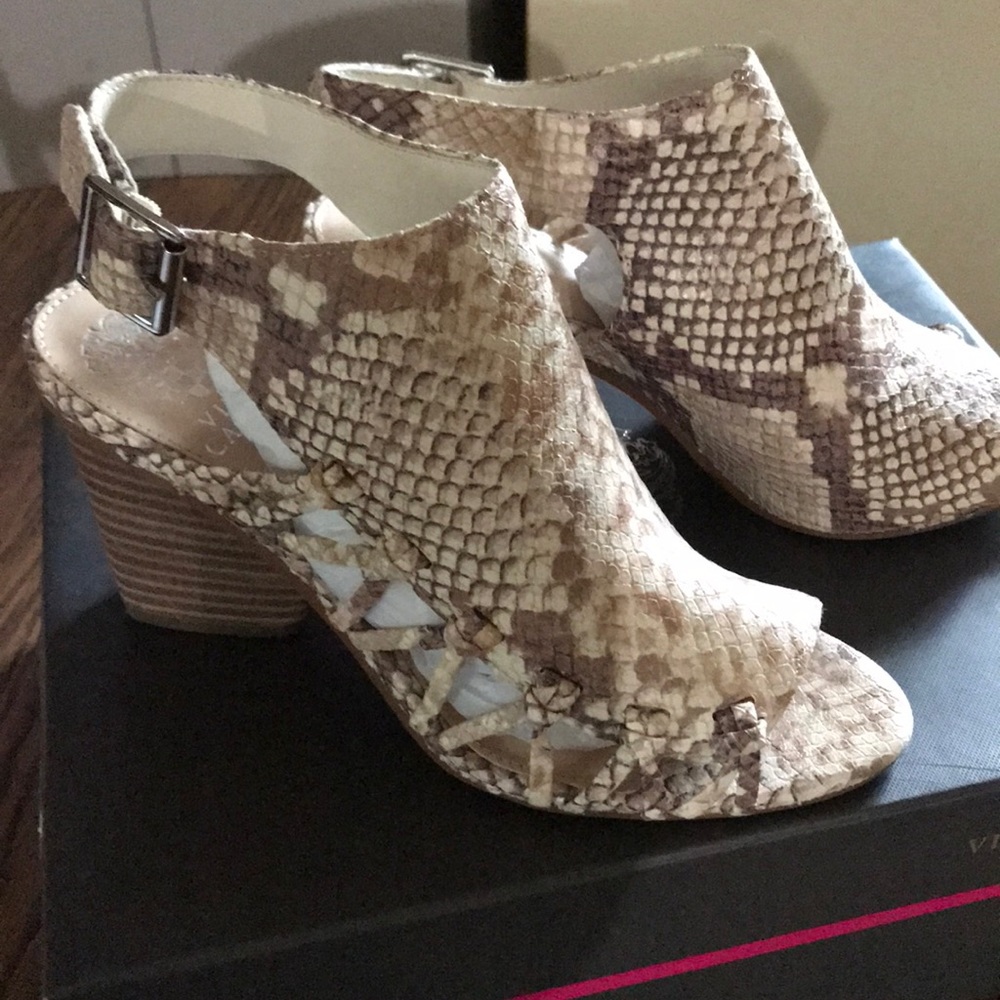 Vince Camuto Tan and Brown Block Heel Sandals